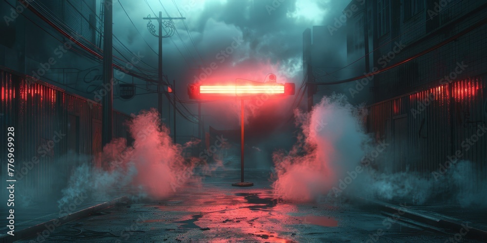 Canvas Prints The haunting interplay of neon lights and a searchlight amidst smoke, set in a dark, empty street, visualized in the dramatic style of documentary.