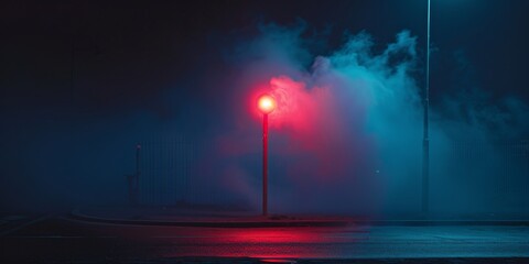 The haunting interplay of neon lights and a searchlight amidst smoke, set in a dark, empty street, visualized in the dramatic style of documentary.