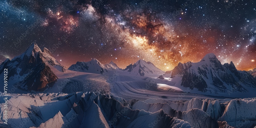 Poster a massive glacier in the mountains viewed from above with the milky way in the starry sky. generativ