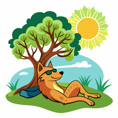 Obraz na płótnie Canvas T-shirt sticker featuring a relaxed dog lounging under a shaded tree, soaking up the sun