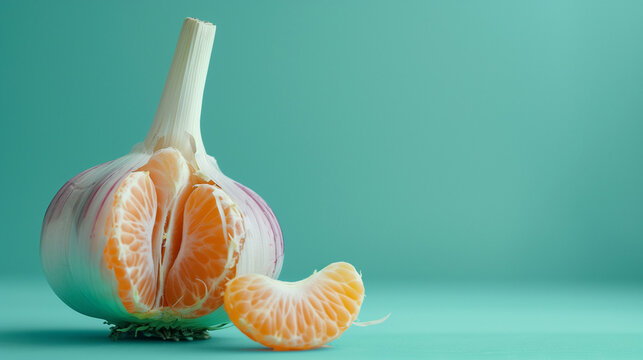 Minimal food composition with head of garlic made of peeled tangerine like cloves with one slice of tangerine next to it on a turquoise background. Banner with copy space. Product promotion