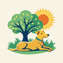 T-shirt sticker featuring a relaxed dog lounging under a shaded tree, soaking up the sun