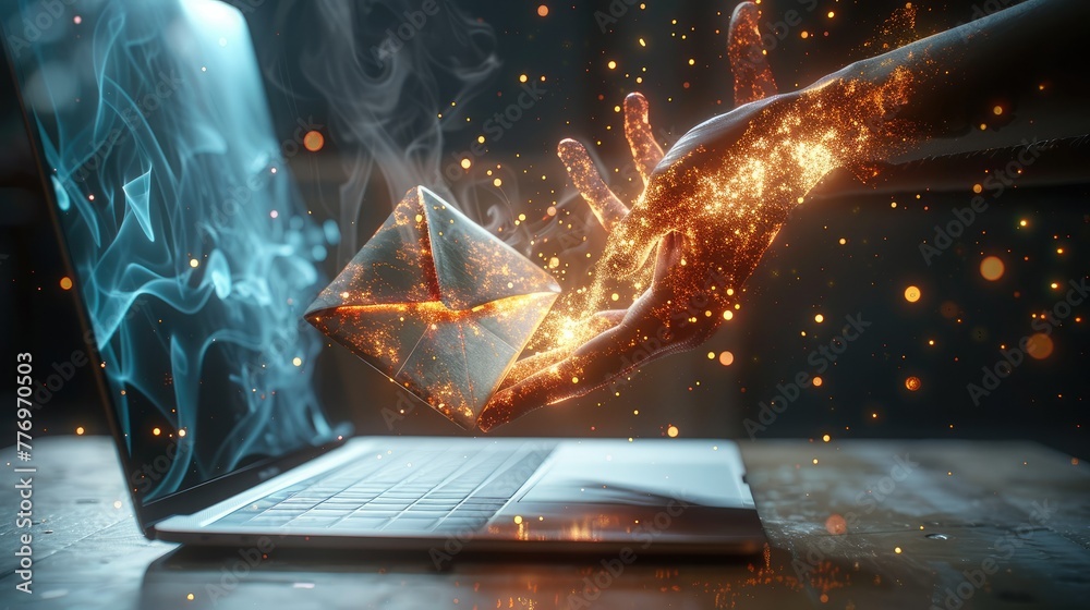 Aufkleber information technology concept, 3d holographic projection of a hand holding an envelope coming out o
