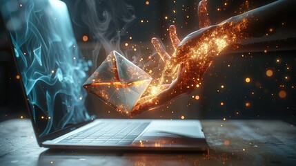 Information Technology Concept, 3D Holographic Projection of a Hand Holding an Envelope Coming Out of a Laptop. Generative AI.