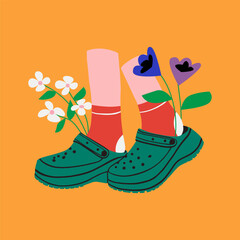 Pairs of female leg wearing Crocs with flowers. Trendy vector illustration. - 776970527