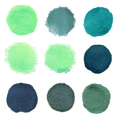 Set of Blue mint watercolor circles isolated on a white background. Watercolour blue, mint, green circles - 776970580