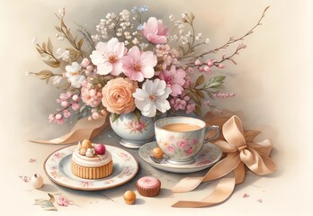Obraz na płótnie Canvas Watercolor Painting of Cherry Blossoms Flowers with Tea and Dessert
