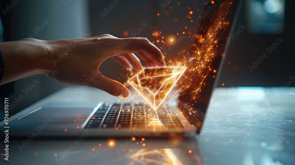 Poster information technology concept, 3d holographic projection of a hand holding an envelope coming out o