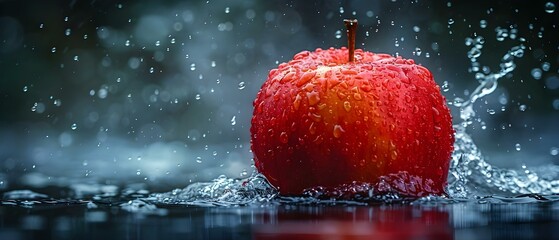 Red apple splashed into water creating a spray of droplets in all directions. Concept Food Photography, Splash Photography, Fruit and Water, High Speed Capture, Dynamic Still Life - obrazy, fototapety, plakaty