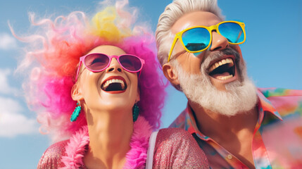 Colorful Senior Couple Enjoying a Festive Party Outdoors - obrazy, fototapety, plakaty