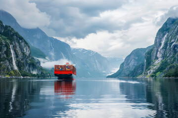 Container cargo ship in the middle of north mountains - obrazy, fototapety, plakaty