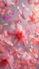 A beautiful composition of flying flowers, delicate petals and leaves