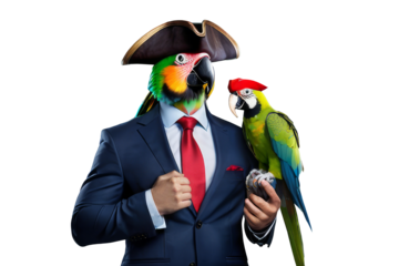 Businessman pirat, parrot head, tricorn hat on white transparent isolated background
