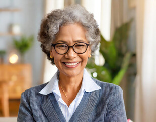 portrait of senior old grey hair woman wearing glasses interior home american african origin smiling with happiness