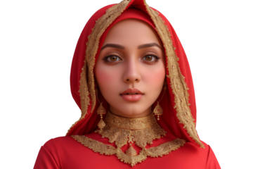 Beautiful arab girl wearing hijab and red national dress, isolated transparent white baclground
