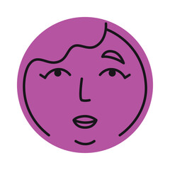 Purple round face of woman. Illustration in doodle style.