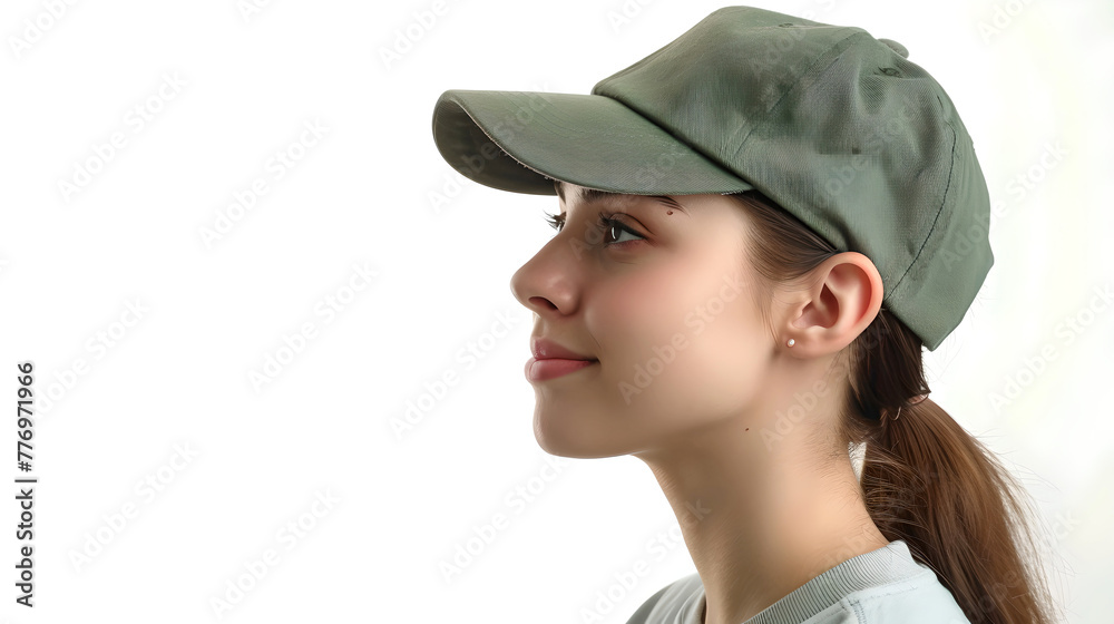 Poster Side View of a Smiling Young Woman in a Casual Cap. Simple and Modern Lifestyle Portrait. Perfect for Fashion and Accessories Marketing. AI