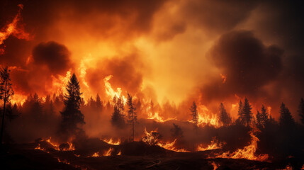 Flames engulf the forest. A raging wildfire engulfing a forest