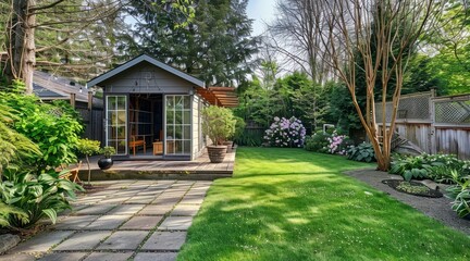 Fototapeta premium A Vibrant Summer Backyard Complete with a Handy Shed and a Relaxing Walkout Deck, Ideal for Sun-Soaked Days