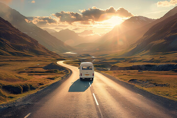 Van on a scenic road at sunset