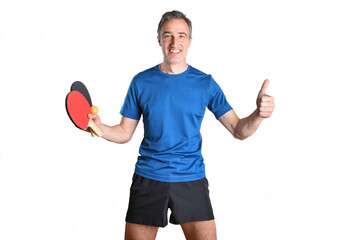 Fototapeta premium Smiling man in sportswear with ping-pong equipment white isolated background