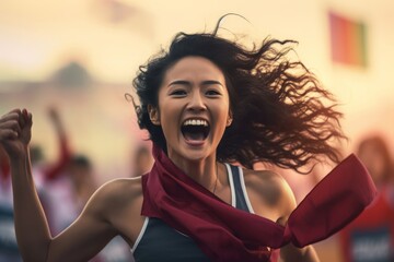 Marathon champion, A happy and determined female athlete triumphantly crosses the finish line, celebrating her first place victory in a track race. Generative AI.