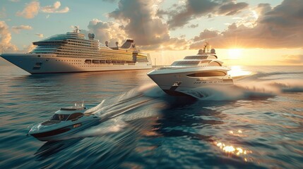 A sleek stylish speedboat overtaking with high speed a vast cruise ship. Generative AI. - obrazy, fototapety, plakaty