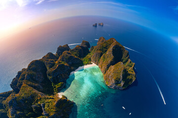 Aerial View from above of Ko Phi Phi Lee with paradise lagoon Maya Bay. Amazing travel drone photo...