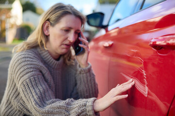 Unhappy Mature Female Driver With Damaged Car After Accident Calling Insurance Company On Mobile...