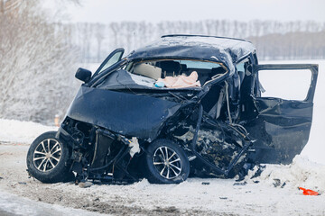 Accident winter road with snow, crashed cars total damage