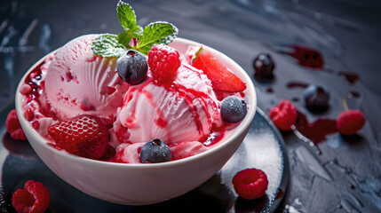 Delicious Scoops of Strawberry Ice Cream with Fresh Berries and Mint. Perfect for Desserts Menu or Summer Treat. Stylish Dark Background. Indulgent Texture Visual. AI