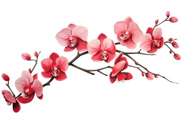 a branch of red orchid flowers, hand-painted style, white background