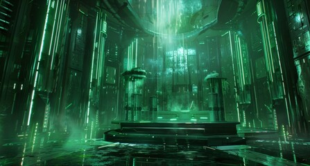An otherworldly podium with a dark and mysterious atmosphere illuminated by a matrix of pulsing green lights. . .