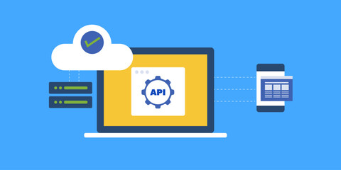 Application programming interface, API software development information technology, workflow automation cloud computing concept, vector illustration.