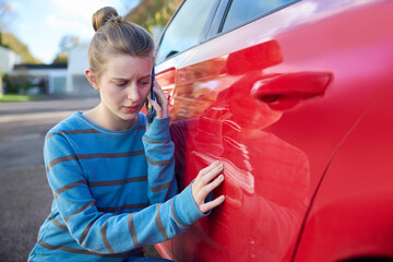 Young Worried Teenage Female Driver With Damaged Car After Accident Calling Insurance Company On...