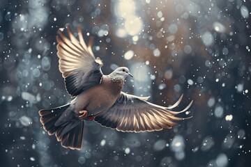 a bird flying in the snow - obrazy, fototapety, plakaty