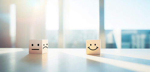 World mental health day concept, Feedback rating, Positive customer review, Wood cube with emotion face icon on table, Sad and smile feeling - obrazy, fototapety, plakaty