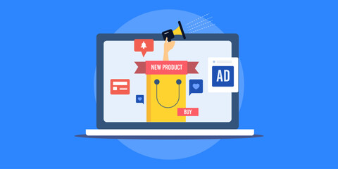 New product promotion, hand holding megaphone. Business advertising and marketing on internet concept, vector illustration.