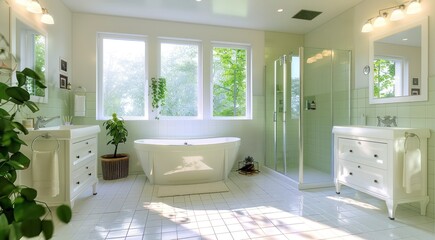 A Modern Bathroom Oasis with Luxurious Green and White Accents