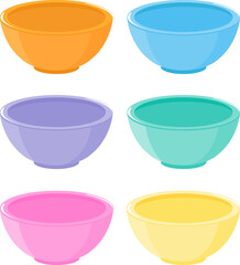  Bowls for baby and toddler food set. Set of plastic, glass or ceramic bowl of different colors on white background. Vector illustration collection