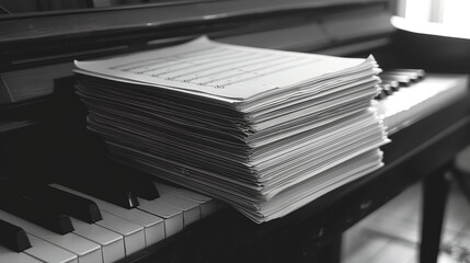 A monochrome shot of stacked sheet music on a grand piano conveying a sense of musical history and...