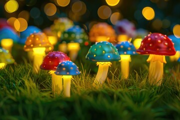 Miniature Colorful Mushroom Lights in Graphic Arrangement on Green Background