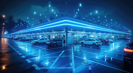A super huge LED parking lot on the roadside, there are new energy vehicle charging inside the parking lot, modern and simple parking shed. Generative AI. - obrazy, fototapety, plakaty