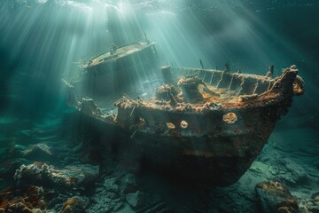 Sunken ship on the seabed, capturing its weathered structure and the surrounding marine life, depicted with a focus on historical and underwater exploration - obrazy, fototapety, plakaty