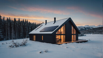 Scandinavian-style minimalist cabin with sleek solar panels lining its gabled roof, offering off-grid tranquility in a snow-capped wilderness.