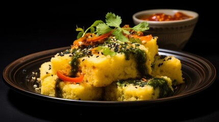 Close up of colorful and zesty dhokla with side chutney