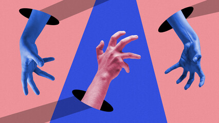Poster. Contemporary art collage. Hands reaching out of holes against blue pink background. Support and rescue. Abstract vibrant artwork. Concept of pop art, positive emotions. Minimal art design.
