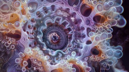 A microscopic image of a single spore revealing intricate details of its outer surface and inner core resembling a work of art.
