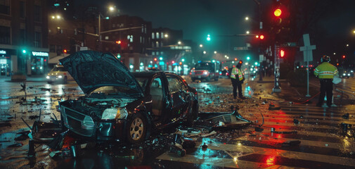 Nighttime Car accident with  A rear-end collision at a busy intersection, vehicles damaged, shattered glass