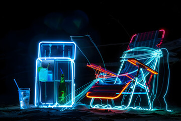 Neon silhouettes of beach chair and cooler with drinks isolated on black background.